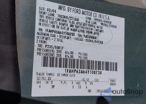 2004 Ford Thunderbird z USA, uszkodzony, nr VIN 1FAHP63A64Y108738